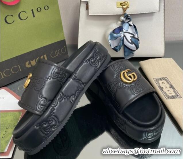 Good Quality Gucci GG Leather Platform Slide Sandals 5.5cm Black 082724