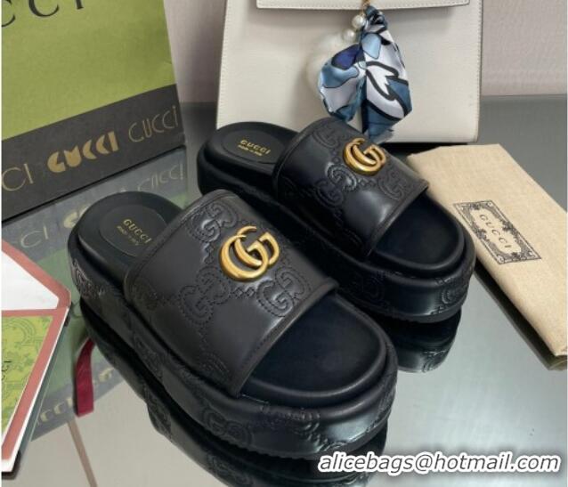 Good Quality Gucci GG Leather Platform Slide Sandals 5.5cm Black 082724