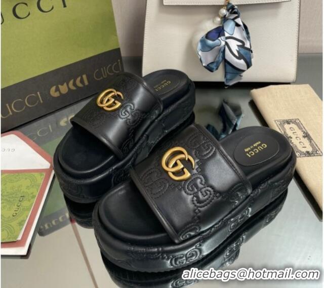 Good Quality Gucci GG Leather Platform Slide Sandals 5.5cm Black 082724