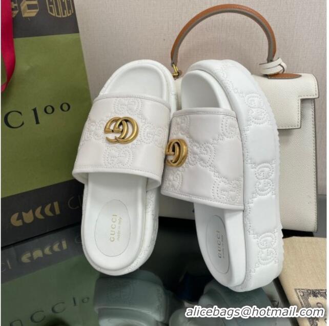 Luxury Gucci GG Leather Platform Slide Sandals 5.5cm White 082725