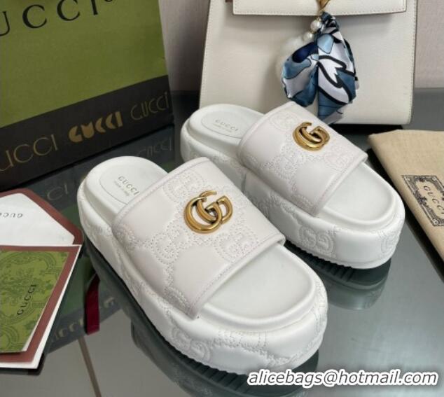 Luxury Gucci GG Leather Platform Slide Sandals 5.5cm White 082725