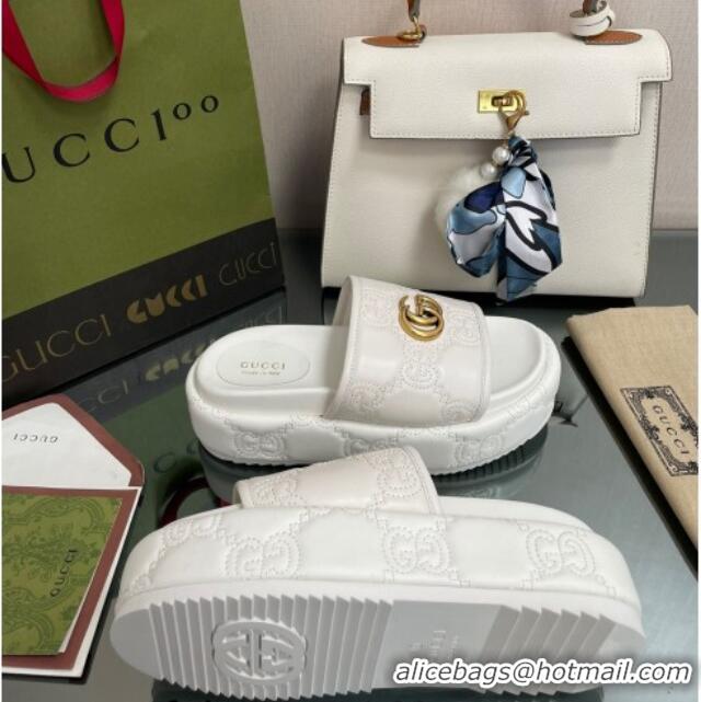 Luxury Gucci GG Leather Platform Slide Sandals 5.5cm White 082725