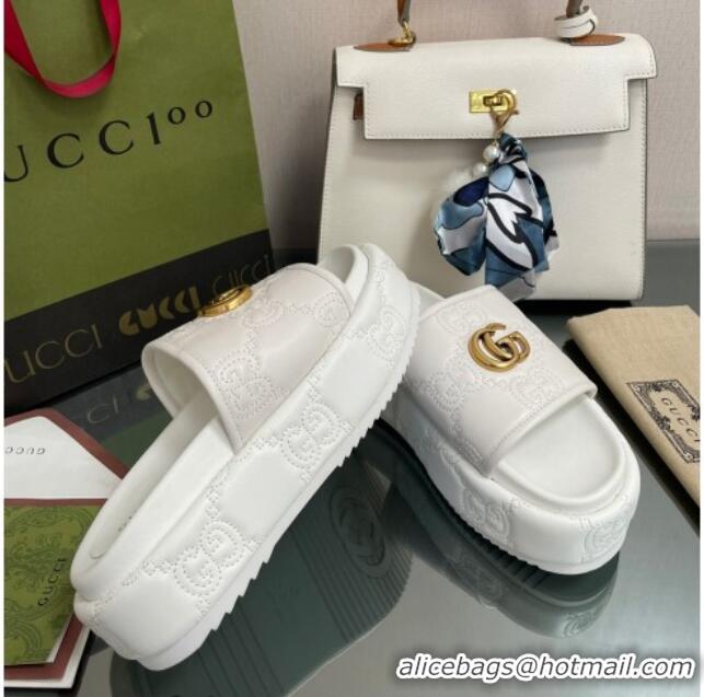 Luxury Gucci GG Leather Platform Slide Sandals 5.5cm White 082725