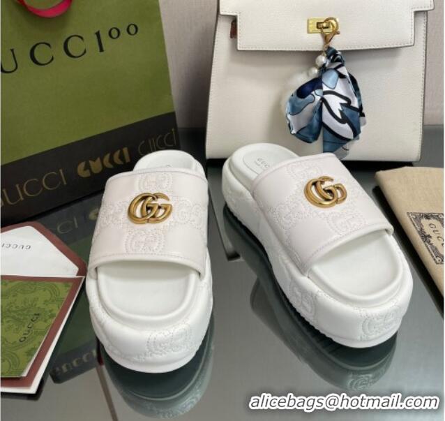 Luxury Gucci GG Leather Platform Slide Sandals 5.5cm White 082725