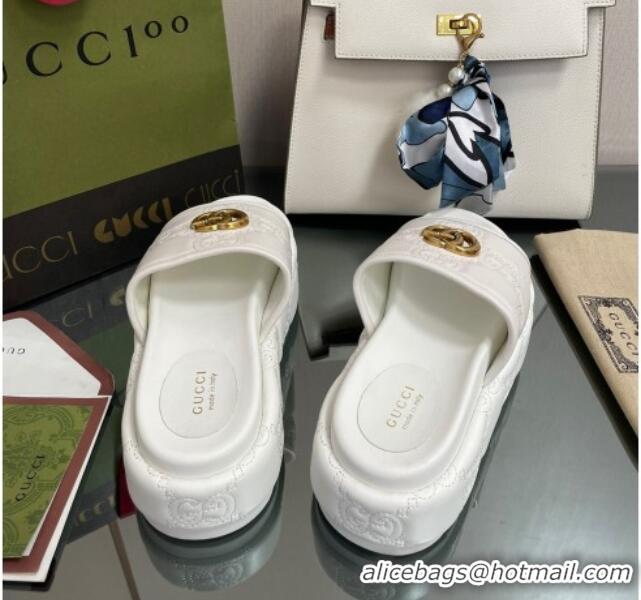 Luxury Gucci GG Leather Platform Slide Sandals 5.5cm White 082725