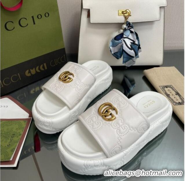 Luxury Gucci GG Leather Platform Slide Sandals 5.5cm White 082725