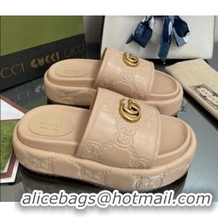 Luxury Gucci GG Leather Platform Slide Sandals 5.5cm Beige 082726