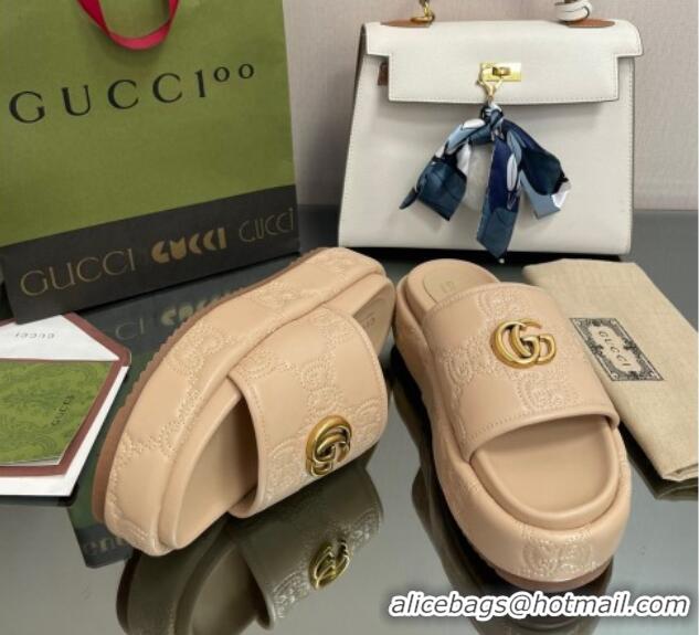 Luxury Gucci GG Leather Platform Slide Sandals 5.5cm Beige 082726