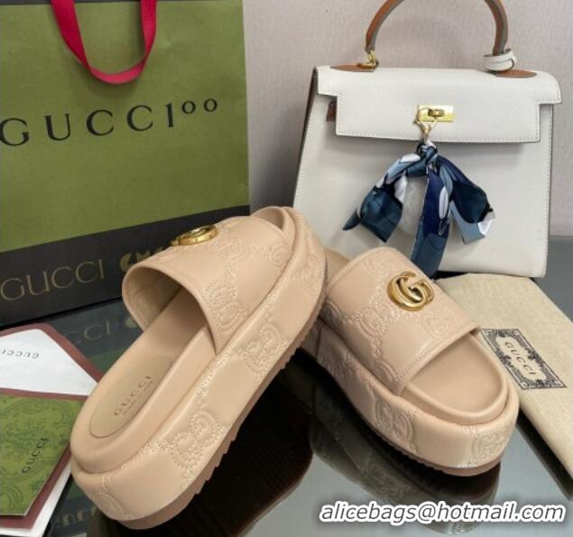 Luxury Gucci GG Leather Platform Slide Sandals 5.5cm Beige 082726