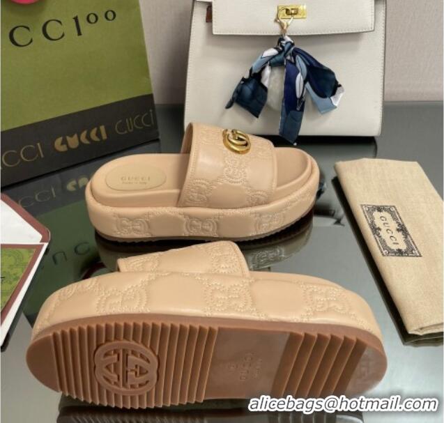 Luxury Gucci GG Leather Platform Slide Sandals 5.5cm Beige 082726