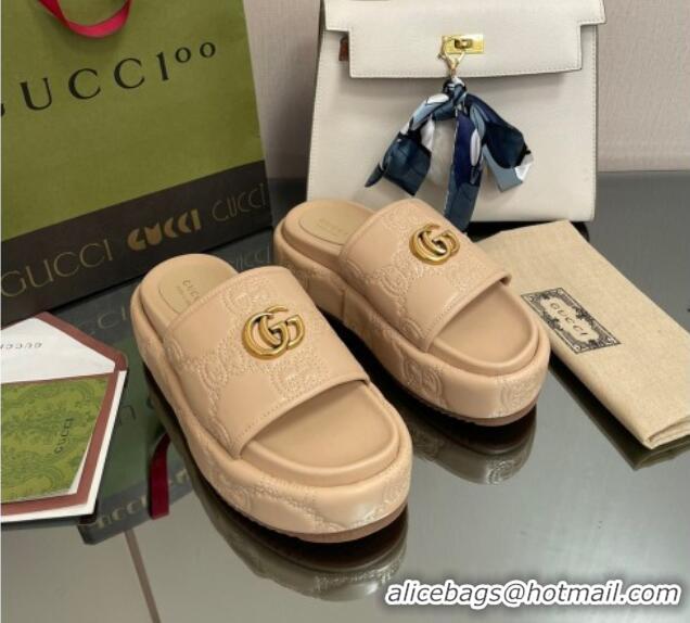 Luxury Gucci GG Leather Platform Slide Sandals 5.5cm Beige 082726