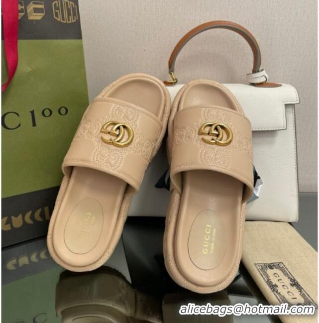 Luxury Gucci GG Leather Platform Slide Sandals 5.5cm Beige 082726