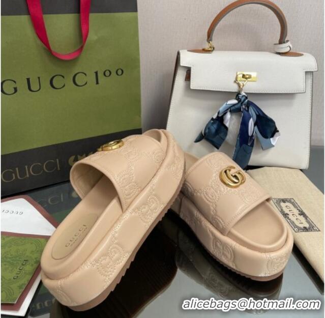 Luxury Gucci GG Leather Platform Slide Sandals 5.5cm Beige 082726