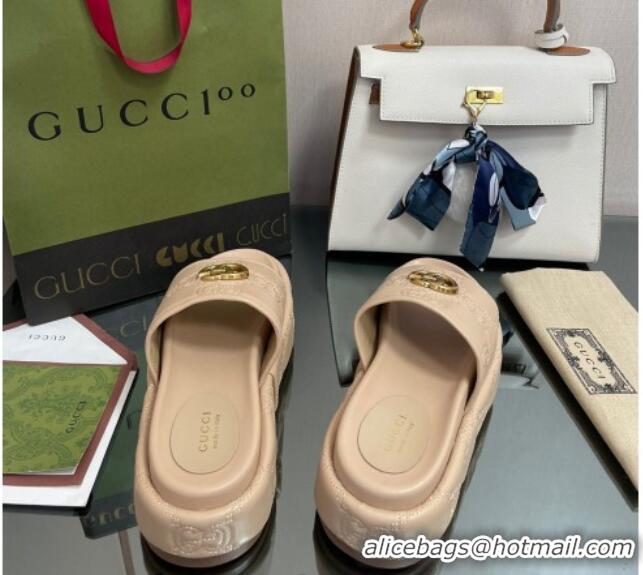 Luxury Gucci GG Leather Platform Slide Sandals 5.5cm Beige 082726