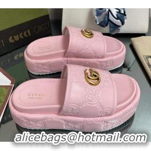 Perfect Gucci GG Leather Platform Slide Sandals 5.5cm Pink 082728