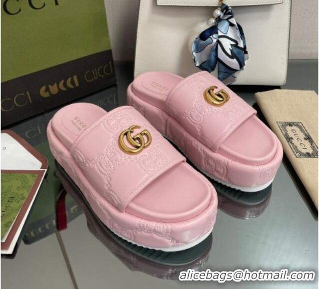 Perfect Gucci GG Leather Platform Slide Sandals 5.5cm Pink 082728