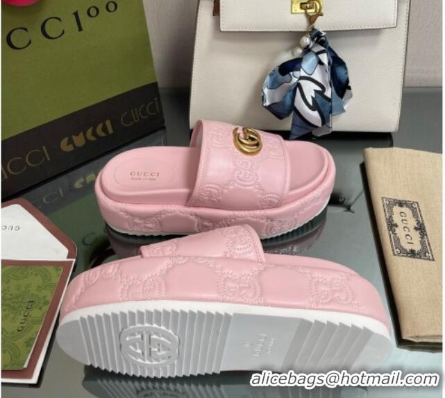 Perfect Gucci GG Leather Platform Slide Sandals 5.5cm Pink 082728