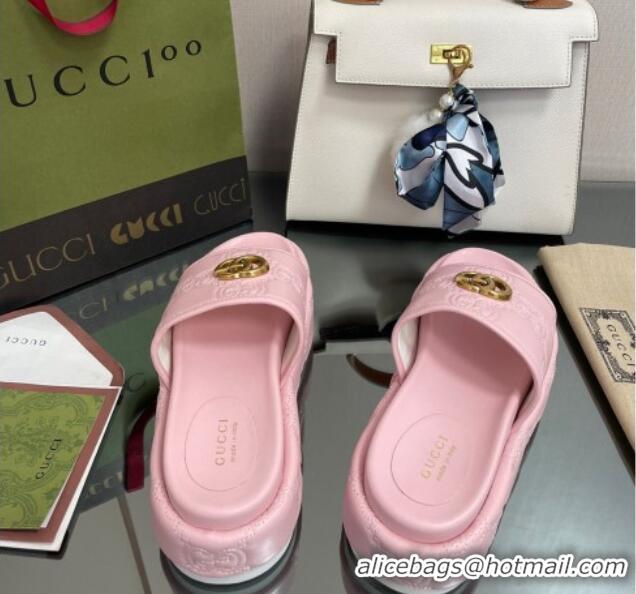 Perfect Gucci GG Leather Platform Slide Sandals 5.5cm Pink 082728