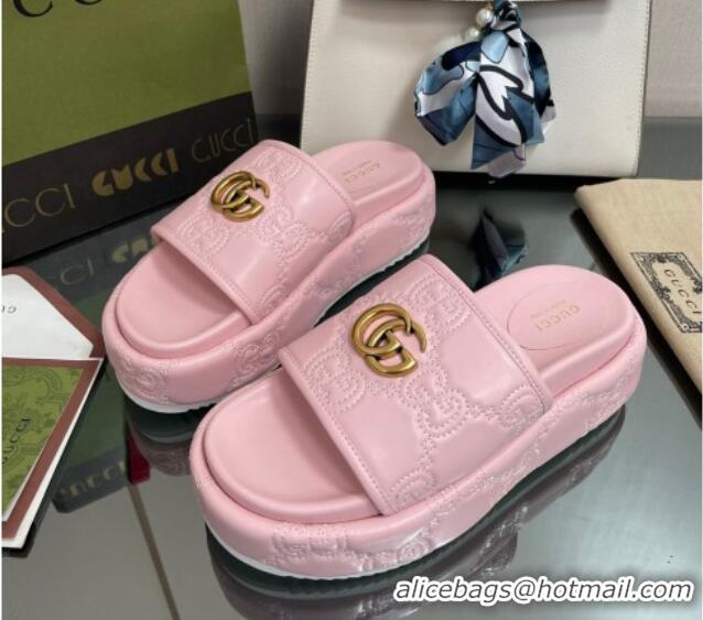 Perfect Gucci GG Leather Platform Slide Sandals 5.5cm Pink 082728