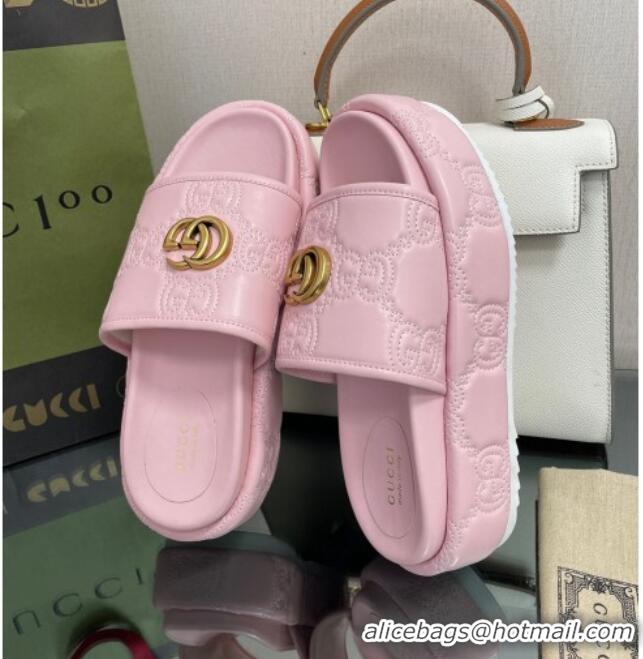 Perfect Gucci GG Leather Platform Slide Sandals 5.5cm Pink 082728