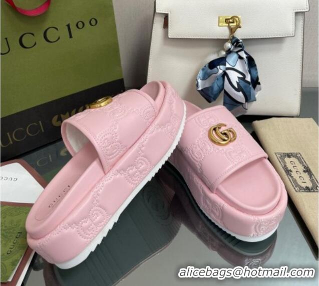 Perfect Gucci GG Leather Platform Slide Sandals 5.5cm Pink 082728