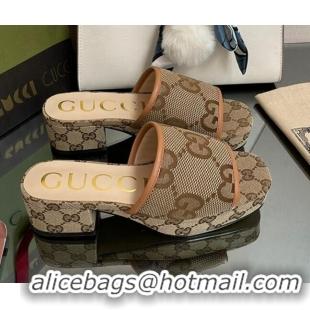 Best Price Gucci Maxi GG Canvas Heel Platform Slide Sandals Camel Brown 090880