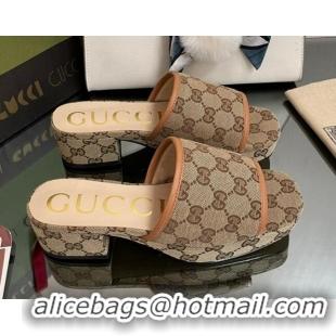 Top Grade Gucci GG Canvas Heel Platform Slide Sandals Camel/Orange 090881