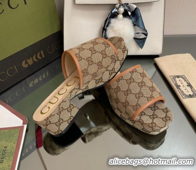 Top Grade Gucci GG Canvas Heel Platform Slide Sandals Camel/Orange 090881