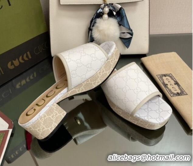 Purchase Gucci GG Canvas Heel Platform Slide Sandals White 090882