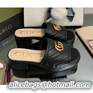 Best Grade Gucci Chevron Leather Heel Platform Slide Sandals Black 090887