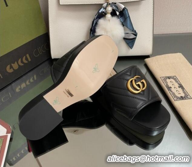 Best Grade Gucci Chevron Leather Heel Platform Slide Sandals Black 090887