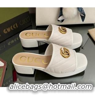 Best Product Gucci Chevron Leather Heel Platform Slide Sandals White 090883