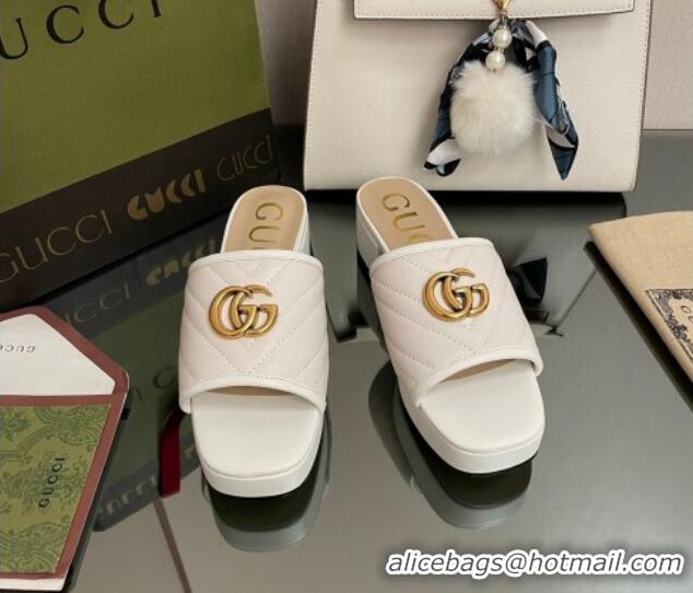 Best Product Gucci Chevron Leather Heel Platform Slide Sandals White 090883