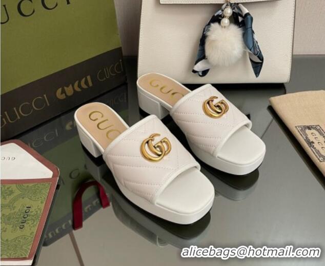 Best Product Gucci Chevron Leather Heel Platform Slide Sandals White 090883