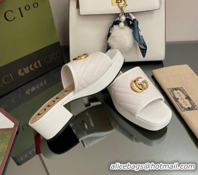 Best Product Gucci Chevron Leather Heel Platform Slide Sandals White 090883