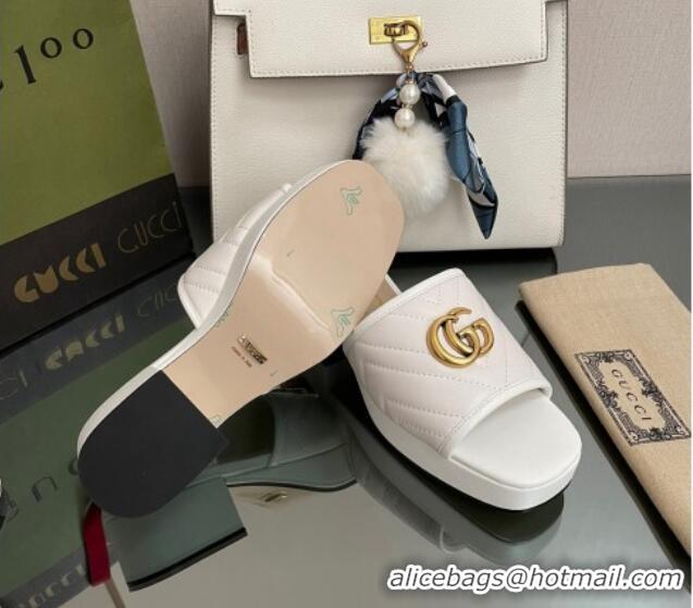 Best Product Gucci Chevron Leather Heel Platform Slide Sandals White 090883