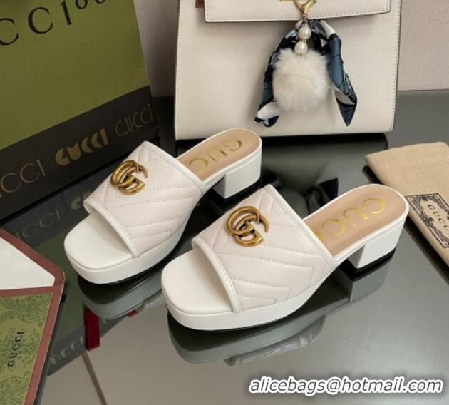 Best Product Gucci Chevron Leather Heel Platform Slide Sandals White 090883