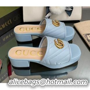 Charming Gucci Chevron Leather Heel Platform Slide Sandals Light Blue 090884