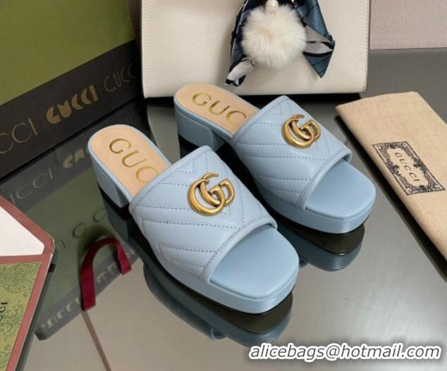 Charming Gucci Chevron Leather Heel Platform Slide Sandals Light Blue 090884