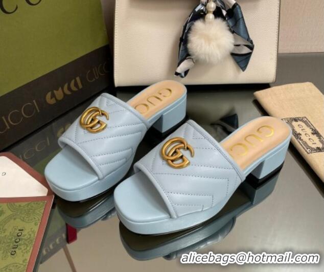 Charming Gucci Chevron Leather Heel Platform Slide Sandals Light Blue 090884