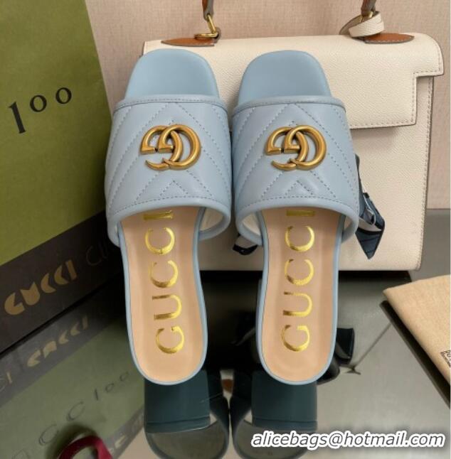 Charming Gucci Chevron Leather Heel Platform Slide Sandals Light Blue 090884