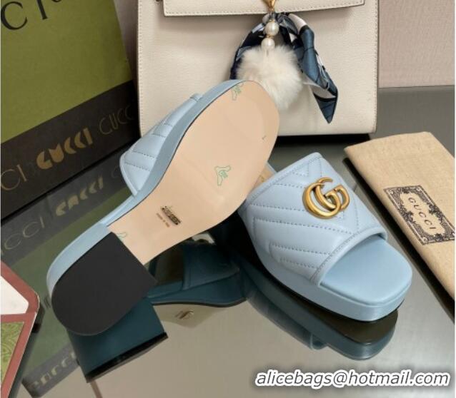 Charming Gucci Chevron Leather Heel Platform Slide Sandals Light Blue 090884