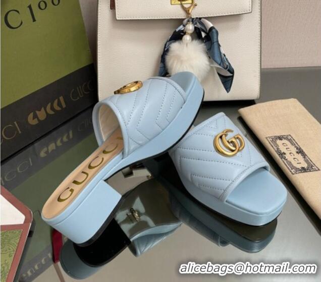 Charming Gucci Chevron Leather Heel Platform Slide Sandals Light Blue 090884