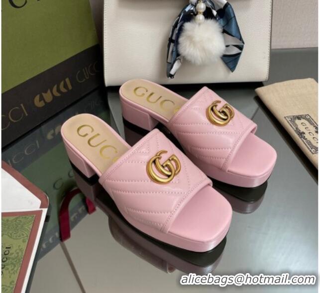 Purchase Gucci Chevron Leather Heel Platform Slide Sandals Pink 090885