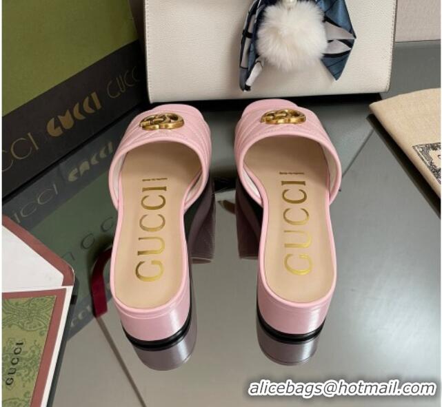 Purchase Gucci Chevron Leather Heel Platform Slide Sandals Pink 090885