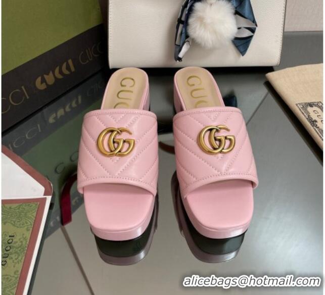 Purchase Gucci Chevron Leather Heel Platform Slide Sandals Pink 090885