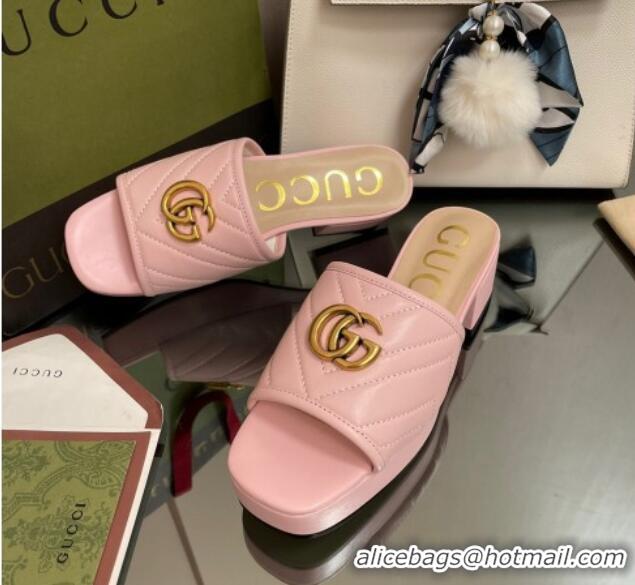 Purchase Gucci Chevron Leather Heel Platform Slide Sandals Pink 090885