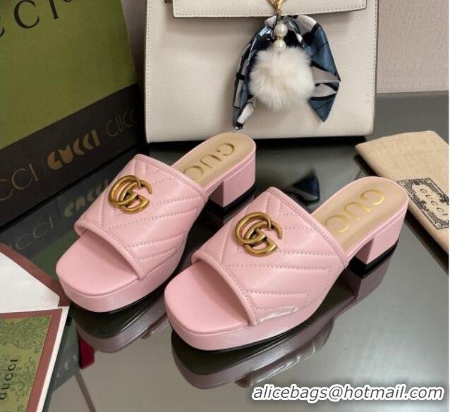 Purchase Gucci Chevron Leather Heel Platform Slide Sandals Pink 090885