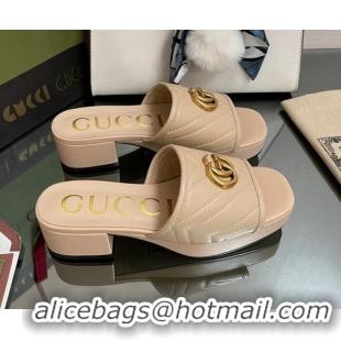 Good Quality Gucci Chevron Leather Heel Platform Slide Sandals Beige 090886