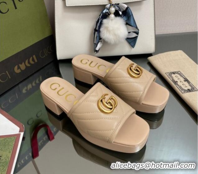 Good Quality Gucci Chevron Leather Heel Platform Slide Sandals Beige 090886